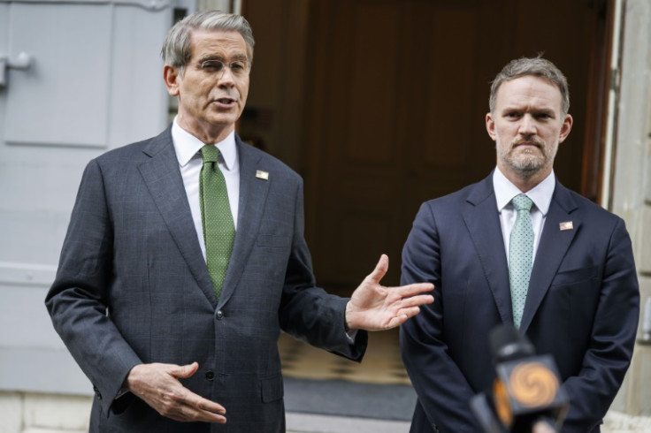 US Treasury Secretary Scott Bessent (L) and US Trade Representative Jamieson Greer briefed reporters at the conclusion of two days of trade talks with China in Geneva